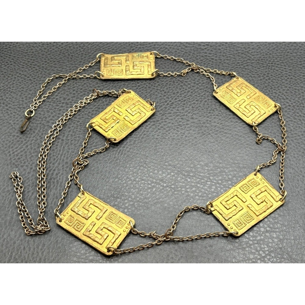 VTG Gold Tone Greek Key Station Etruscan Style Necklace or Belt 42" Long Chain